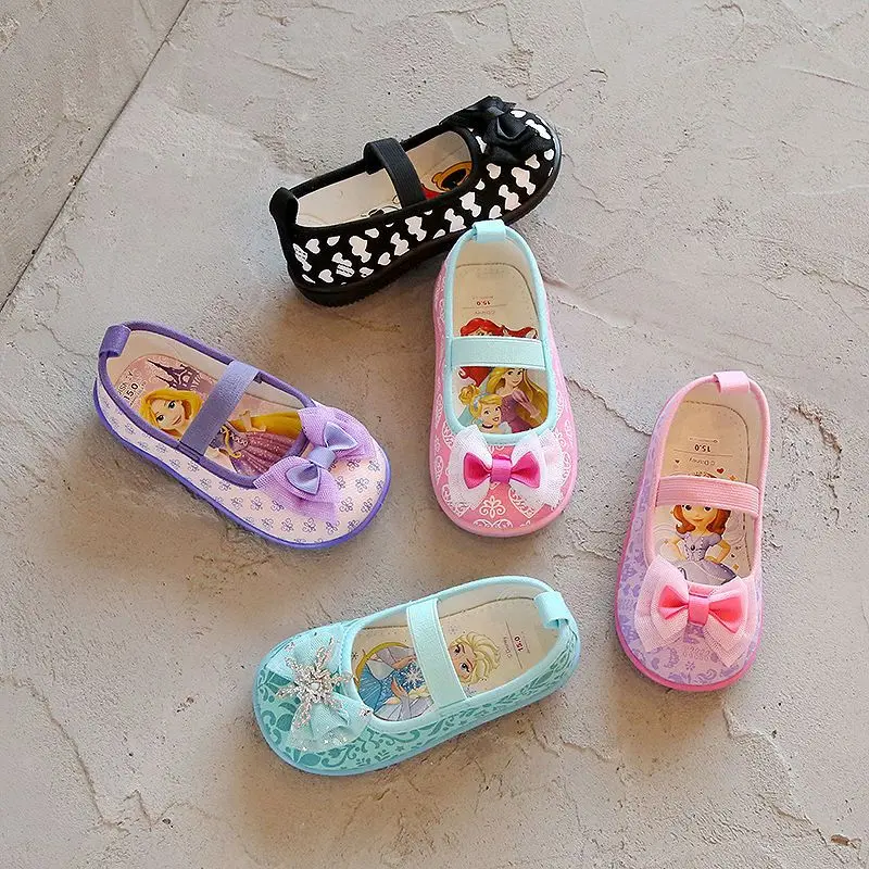 Disney Spring and autumn girl princess bow cartoon canvas shoes kindergarten frozen mickey single casual shoes