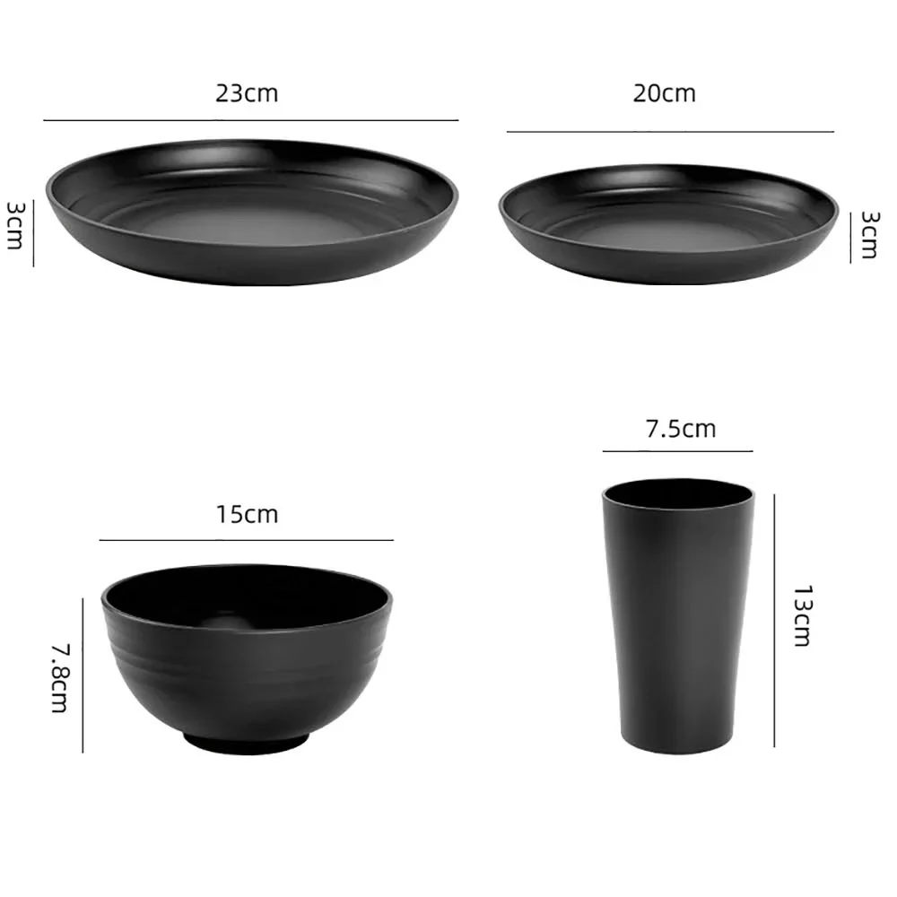 4/16 szt. Czarne zestaw sztućców z plastiku talerze wielokrotnego użytku miska kubki 4 zestawy do kuchni na imprezę kempingową zestaw naczyń obiadową