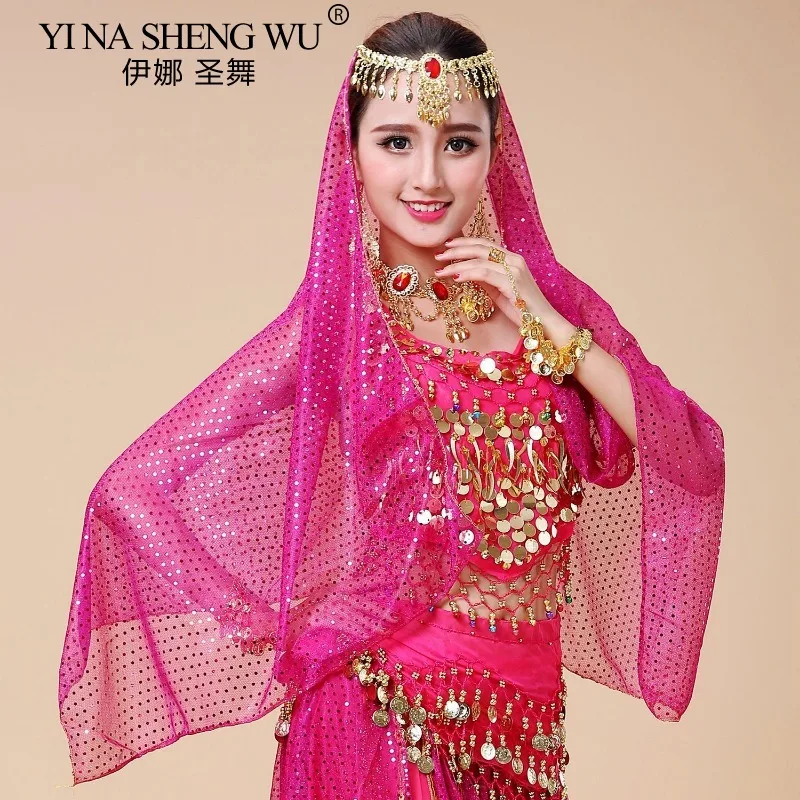 Lenço de dança do ventre feminino, moedas de ouro, véu de ponto brilhante, lenço de cabeça para dança do ventre, acessórios de dança, trajes indianos, 6 cores