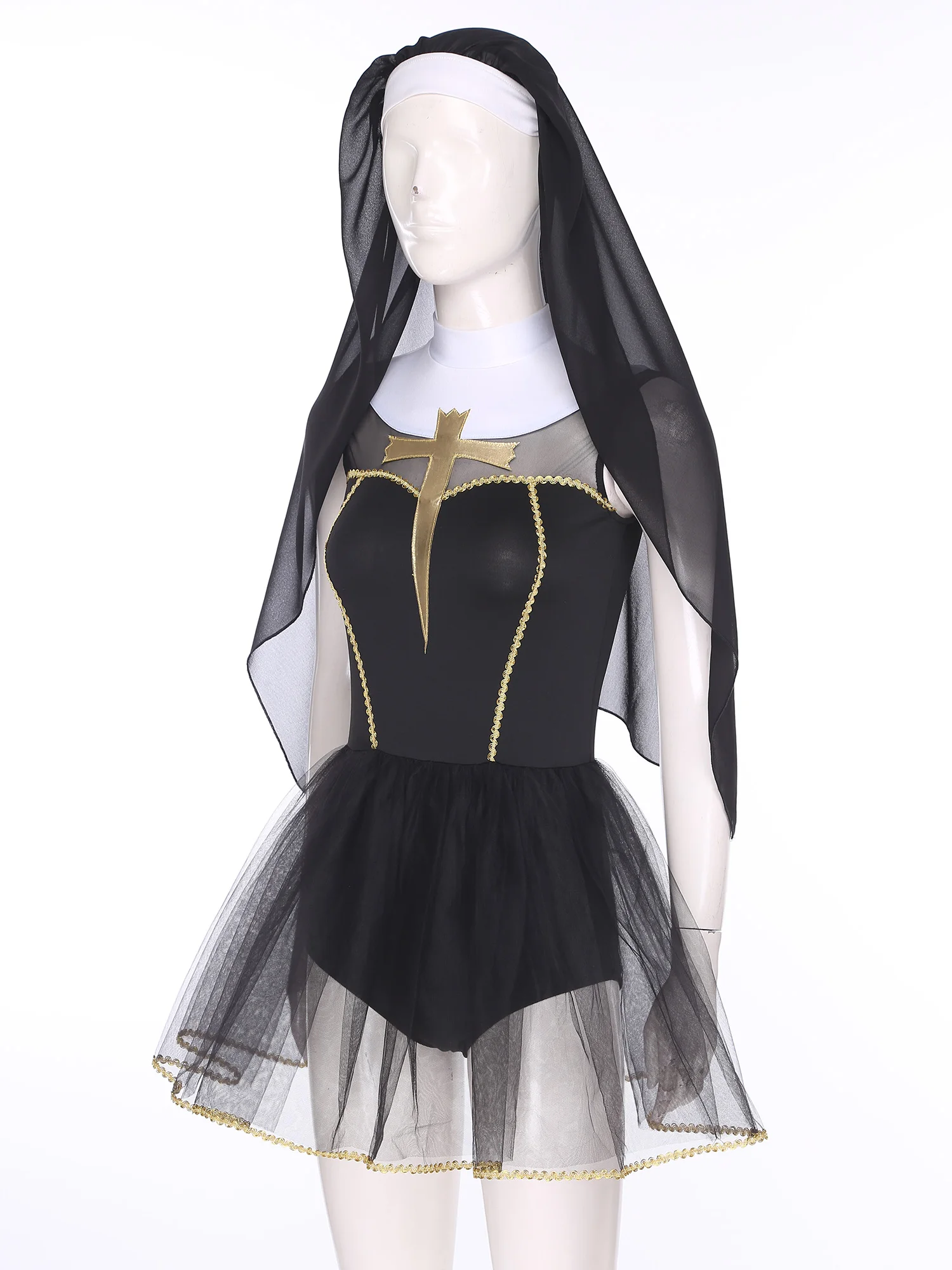 

Women Halloween Nun Cosplay Costume Church Nun Maid Dress with Veil Headscarf Nun Uniform Carnivals Sister Clergy Fancy Dress Up