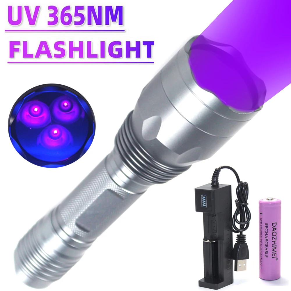 

3x365NM UV Flashlight High Power 18650 Rechargeable Portable Waterproof Uv Torch Banknote Inspect Hunting Blood Tracking Light