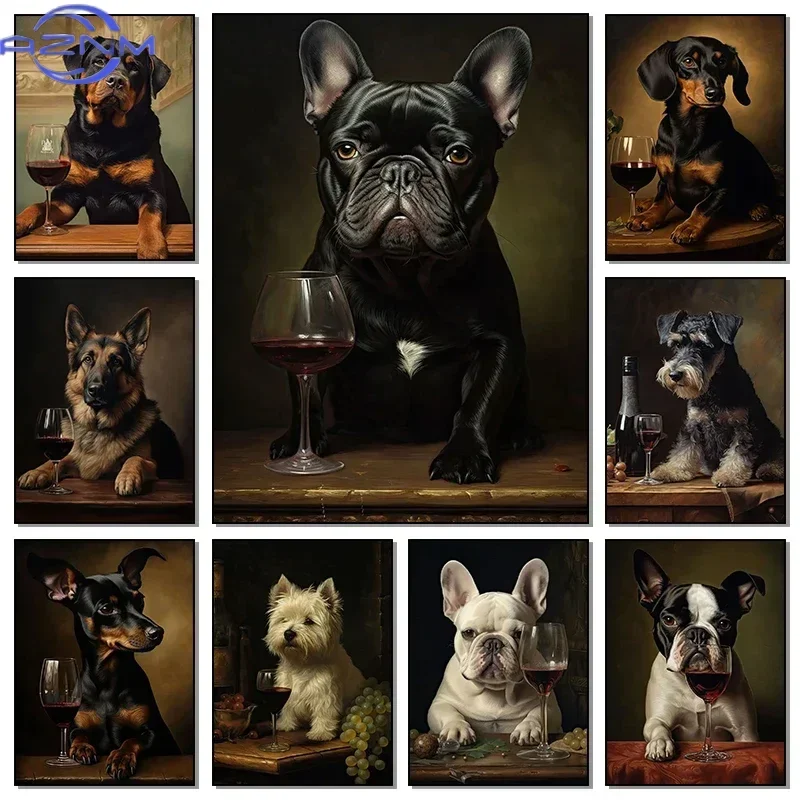 Cute French Bulldog German Shepherd with Wine Dog Portrait Poster Print Canvas Painting Funny Pet Wall Art for Living Room De