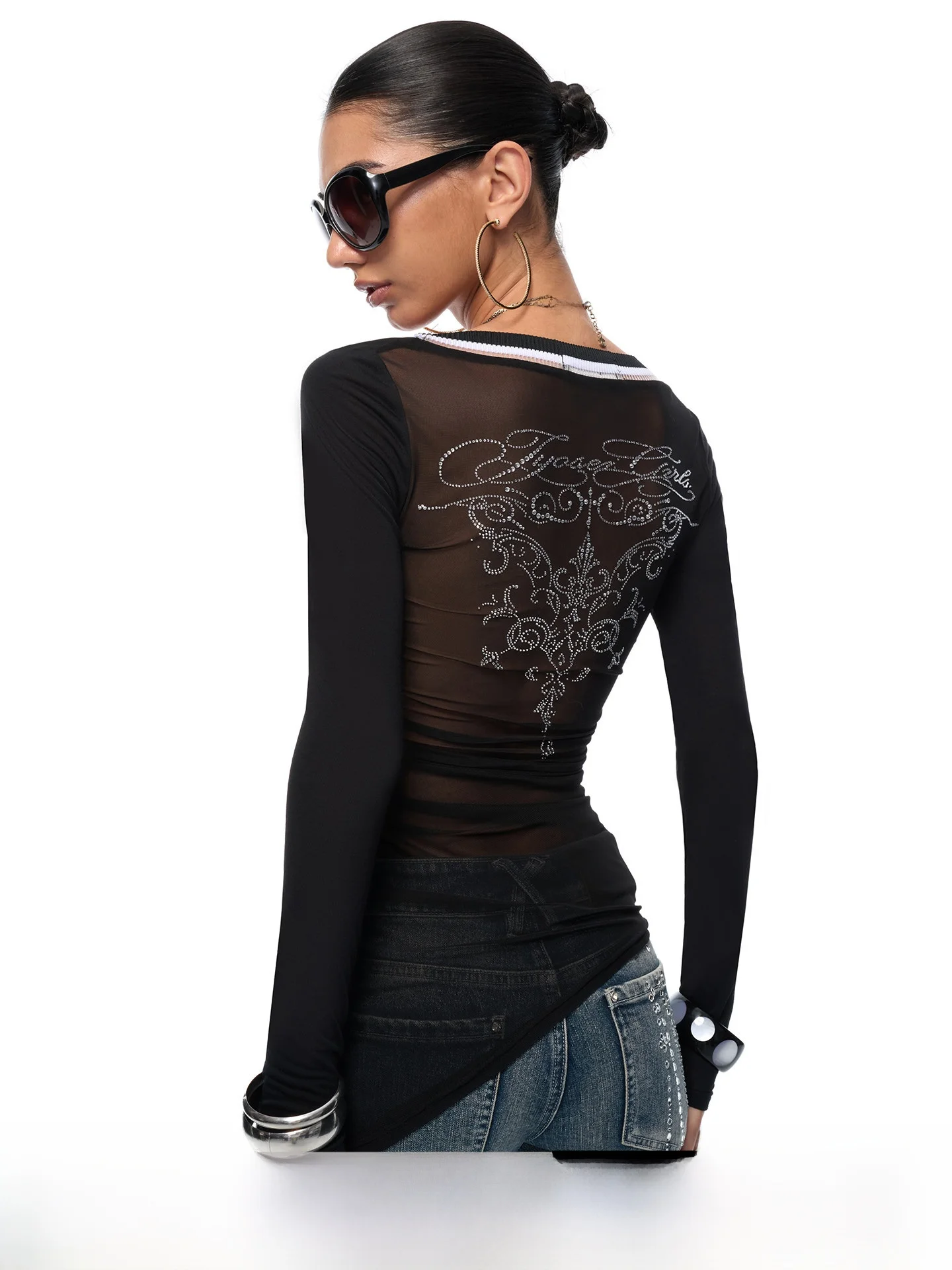 

JYOSEI Original Irregular Asymmetrical V-Ne Splice Me Gathered Tight Micro-Porous Knitted Base irt Women Street Sle