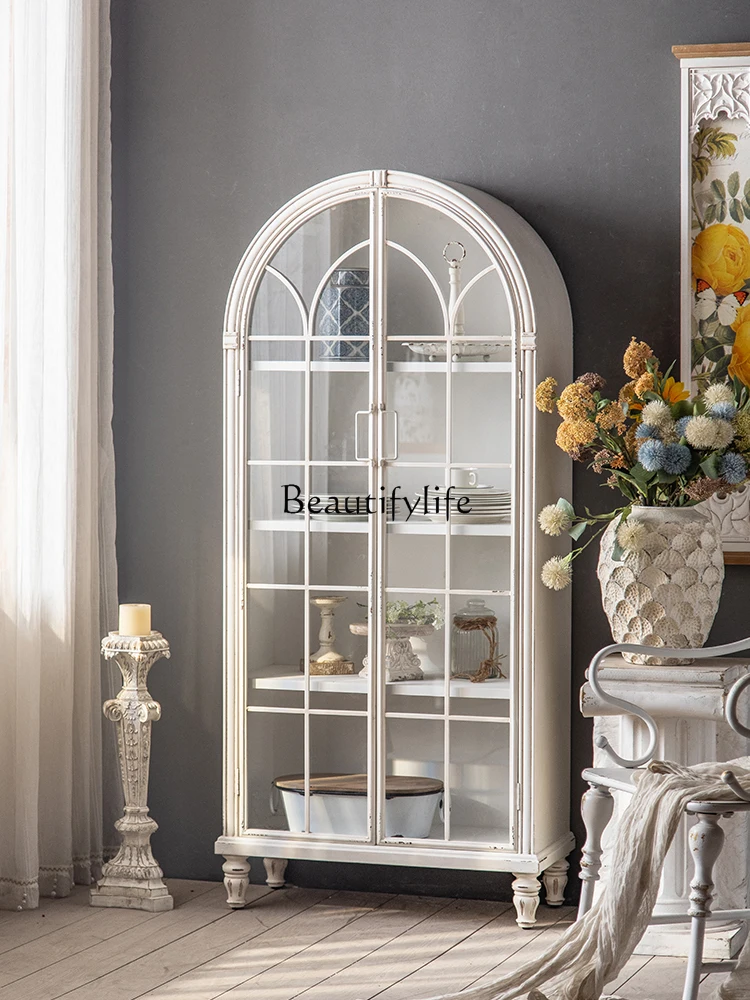 French Retro Solid Wood Wall Display Cabinet Dining Room Locker Multi-Layer White Arched Bookcase glass cabinet