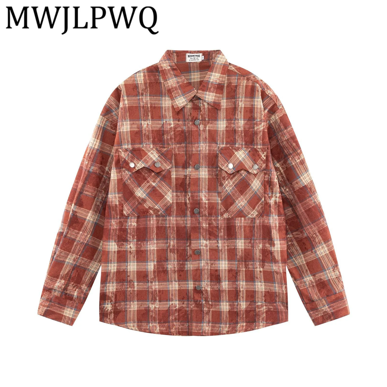 

MWJLPWQ Мужская рубашка в клетку в американском стиле High Street Dirty Dye, винтажная повседневная рубашка-карго с лацканами и длинными рукавами, новинка осени 2021, 21385