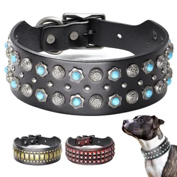 Luxurious Dog Real Leather Collar Cool Spiked Studded Pet Collars Jeweled Leather Dogs Collars Necklace For Pet Show Bulldog