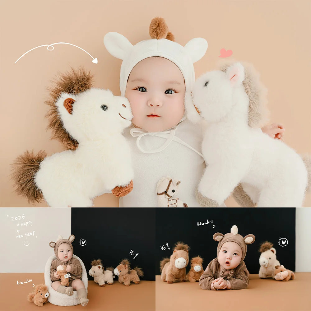 Professional Photo Shoot Props Soft Infant Romper+hat Set Cute Horse Plush Doll for Studio Baby 100 Days Celebration Photography