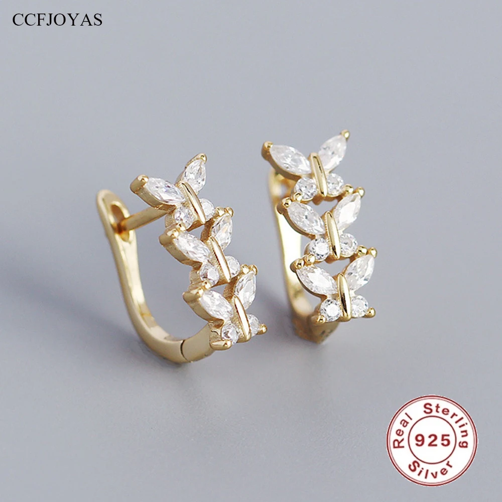 CCFJOYAS-três brincos em forma de U de borboleta para mulheres, 100% 925 prata esterlina, zircão claro, francês, luz, luxo, CZ