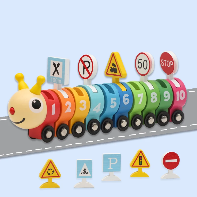 Colorful Wooden Caterpillar Train Set With Number Traffic Signs, Color Number Cognition Traffic Toy, Educational Toy As Gift