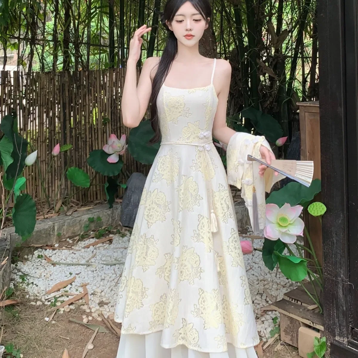 New Chinese Two Piece Outfit Women Floral Lace Frog Knot Short Blouse Puff Sleeve Double Layer Flowy Maxi Skirt Hanfu Suit