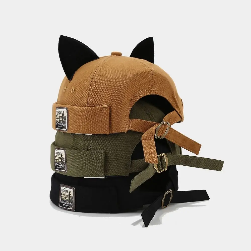 Retro Style Cute Cat Ears Brimless Hat Hip Hop Adjustable Beanie Hat Rolled Cuff Solid Color Melon Docker Cap Outdoor Daily