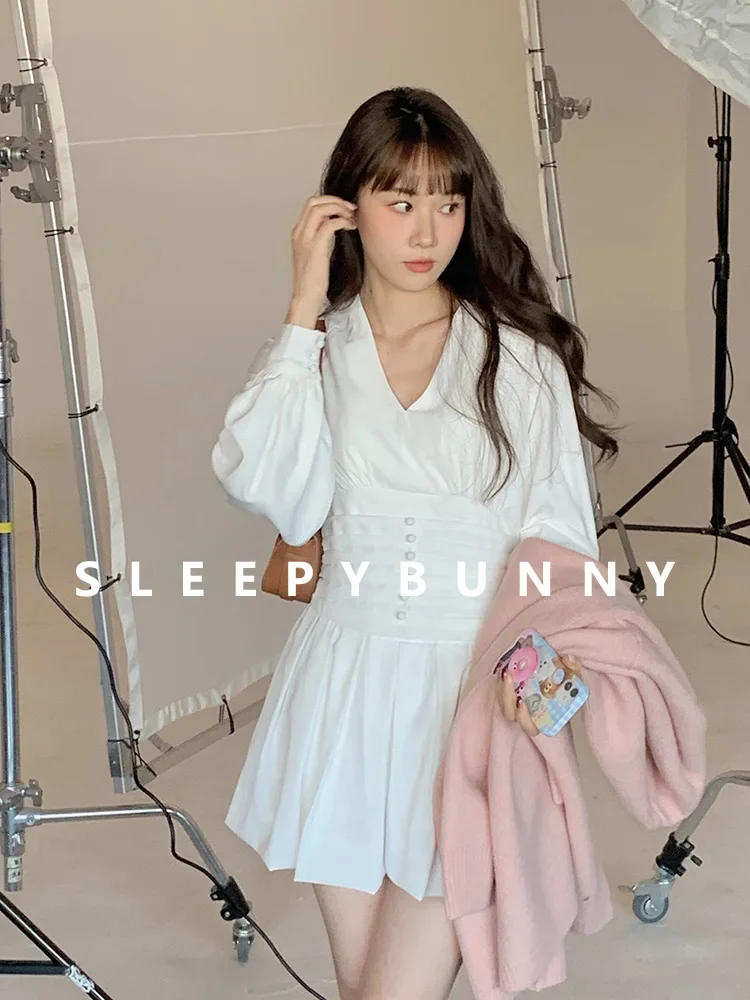 Afbeelding 3: Witte Lantaarn Mouw V-hals Jurk Vrouwen 2023 Lente Koreaanse Zoete Hoge Taille Slim Fit Korte Jurk Elegante Lange Mouw Mini Jurk