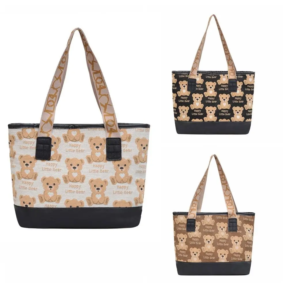 Printed Bear Canvas Bag Simple Portable Pu Leather Cartoon Handbag Mommy Bag Shopping Bag Print Tote Bag Travel