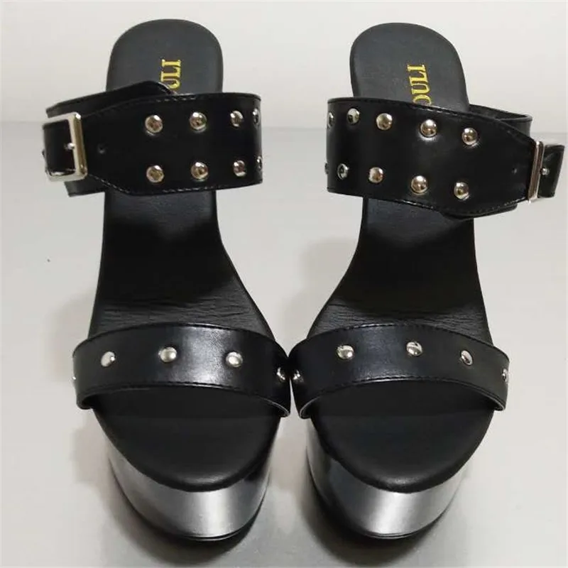 Black Fashion Color Block Metal Buckle Platform 15cm Ultra High Heels Shoes Women\'s 6 Inch Lady High-Heeled Sexy dance shoes