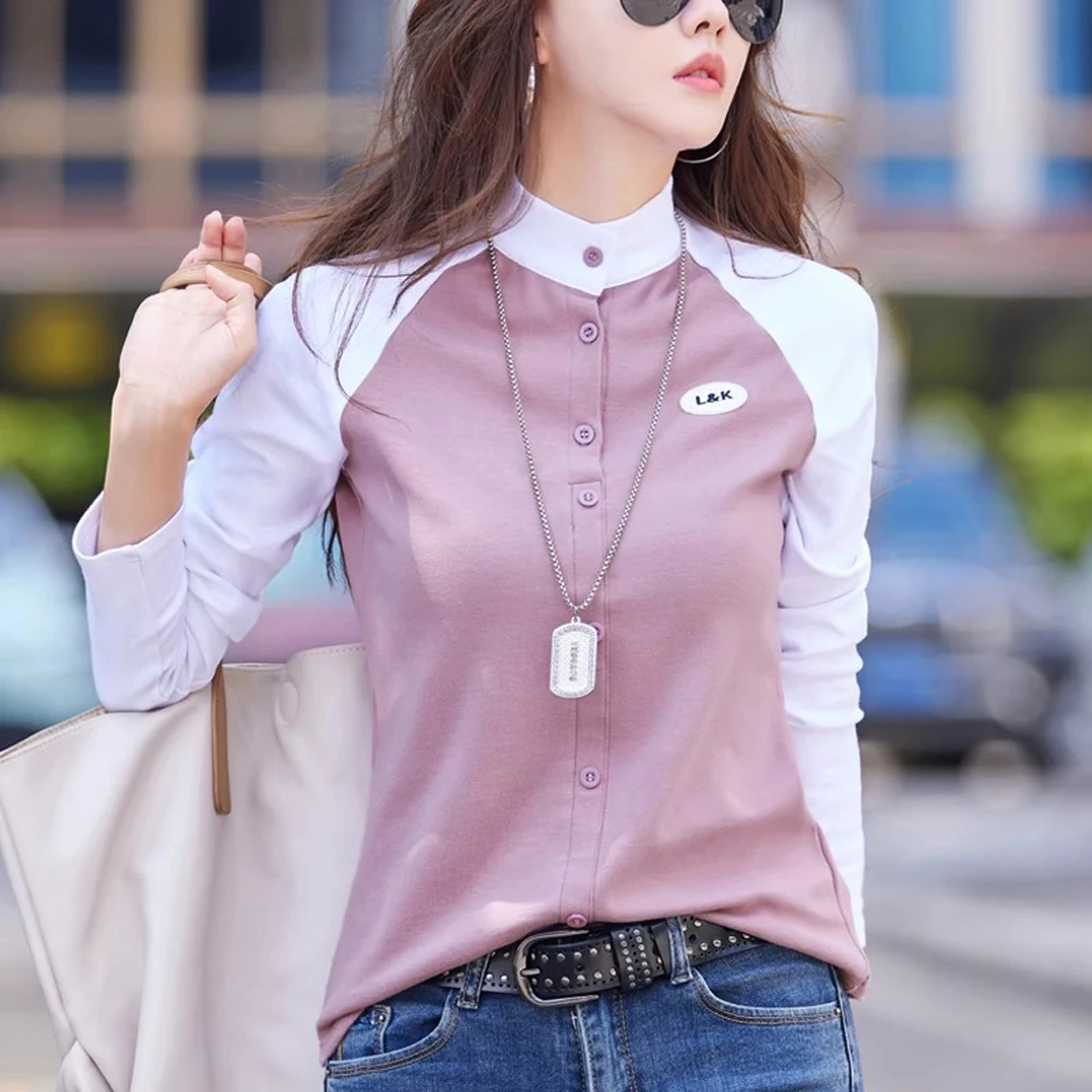 Korean style stand up collar long sleeved T-shirt for women\'s autumn new high-end fashion light luxury pure cotton casual top