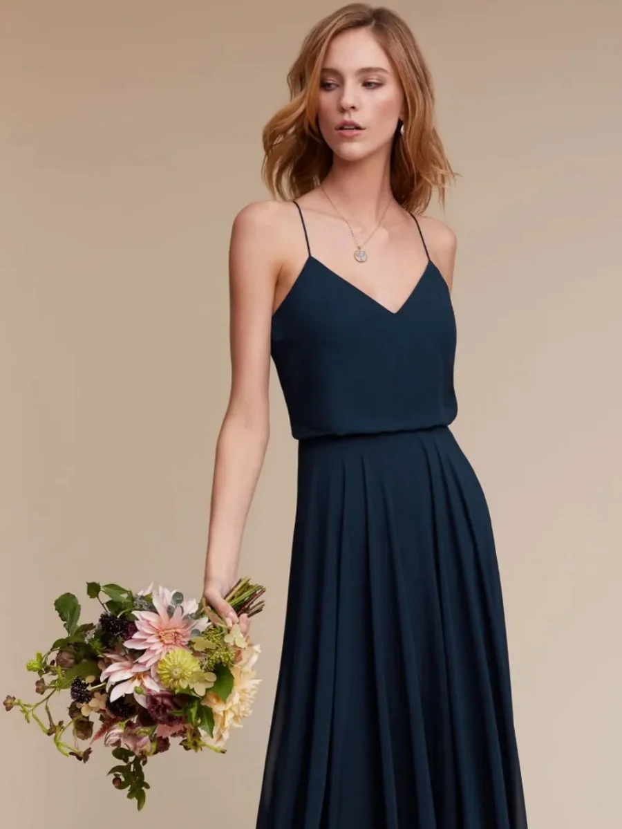 Dark Navy Elegant Spaghetti Neck Ball Gown Long Simple Strap Design Cocktail Party Sexy Back A-Line Evening Gown