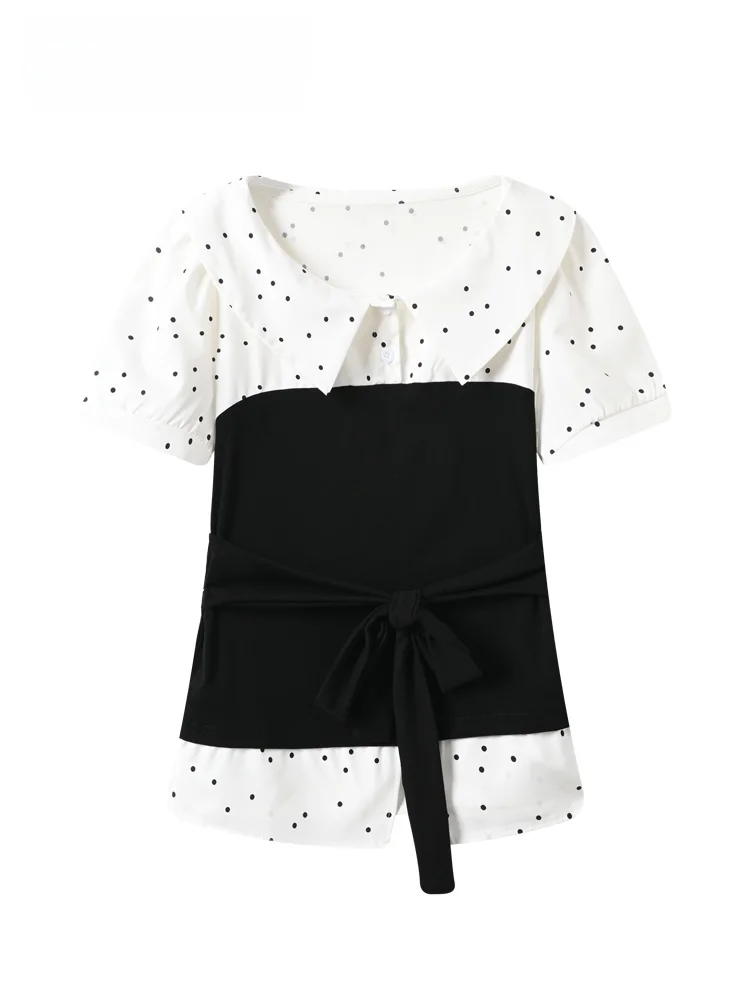 

plus Size Women's Short Sleeve T-Shirt Summer New Style Patchwork Slim Fit Cotton Blend Polka Dot Print Casual Top
