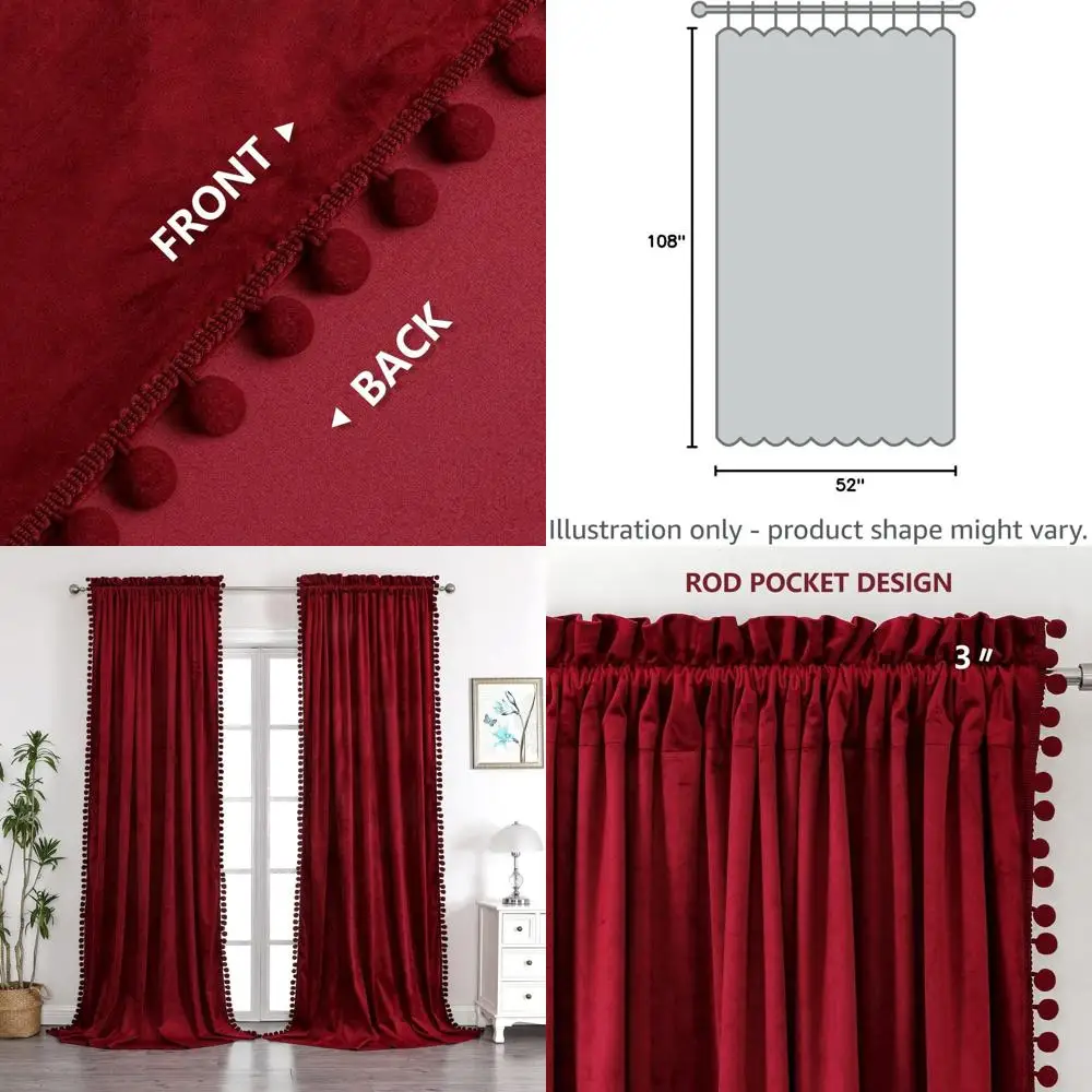 

Роскошные бордовые бархатные шторы с помпонами, мягкие утепленные занавески для спальни, 52x108, 2 панели