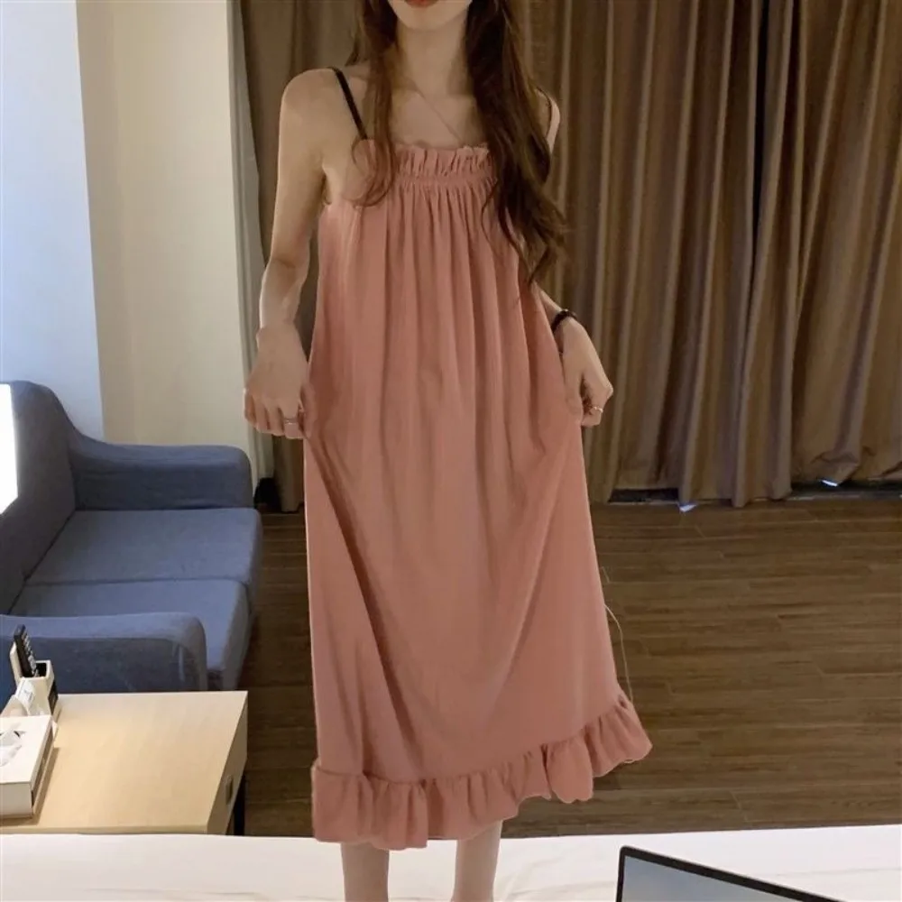 Ruffled Simple Women Nightgown Long Skirt Loose Girl Pajama Dress Sleepwear Sweet Female Sling Nightdress Ladies Dress