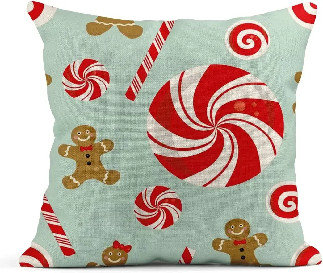 Throw Pillowcase Red and White Candy Cane Gingerbread Man Square Linen Home Decoration Cushion Cover Sofa 45x45 pillow case