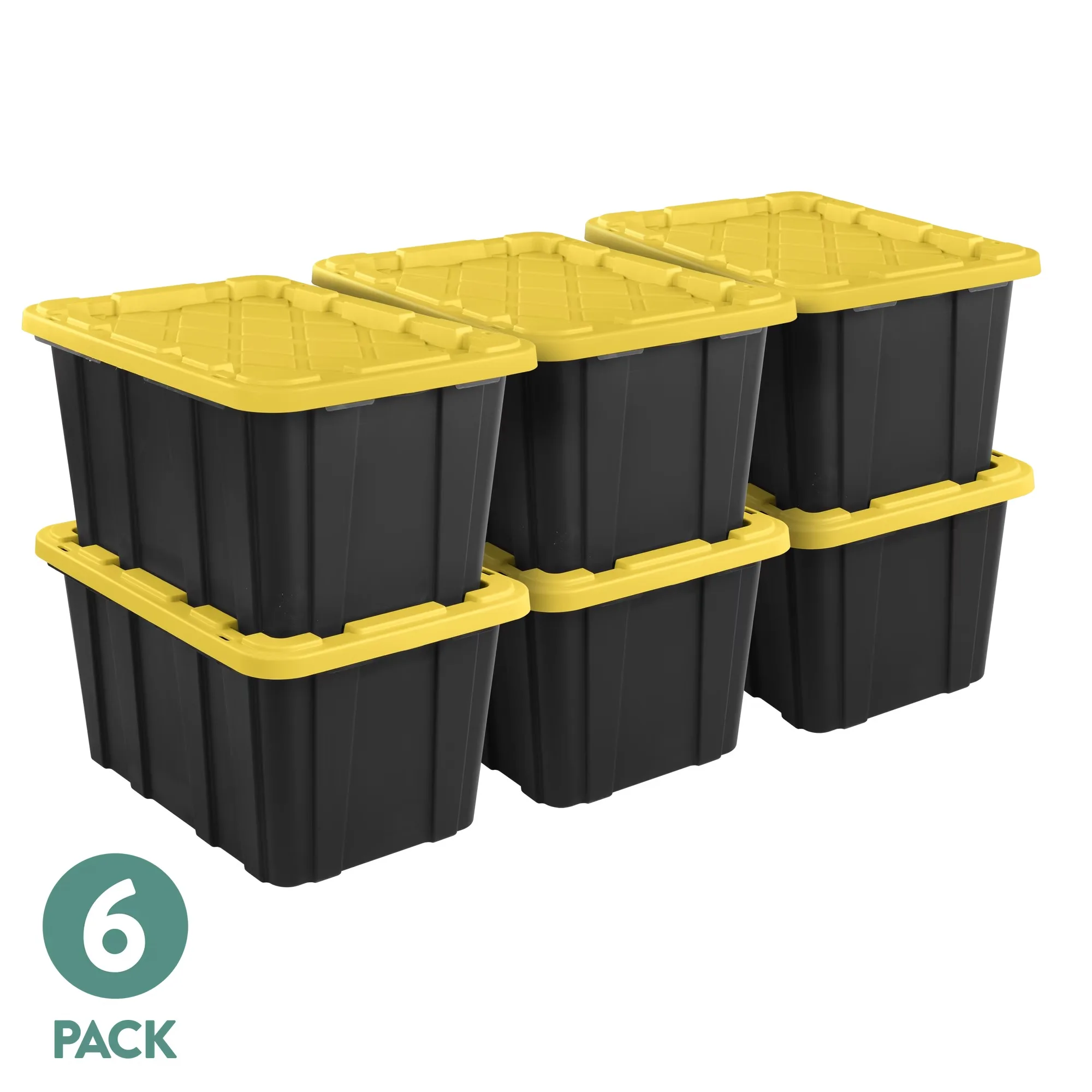 27 Gal Large Industrial Plastic Storage Bin 6 Pack, Snap-Fit Lid Black & Yellow Heavy Duty Stackable Storage Tote for Garage Basement Dorm