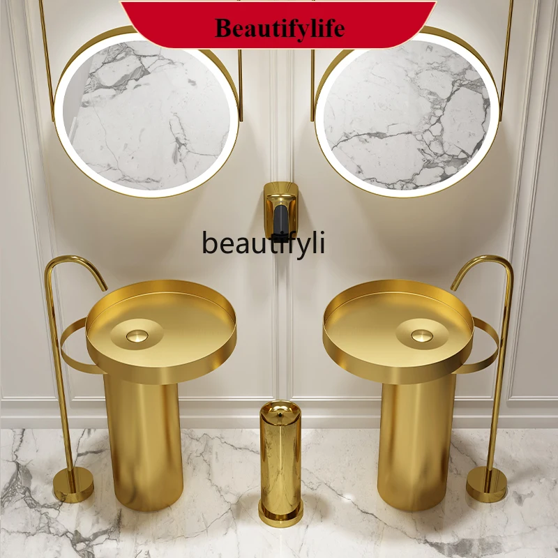 

B185 Light luxury gold black stainless steel column basin integrated floor column type wash basin