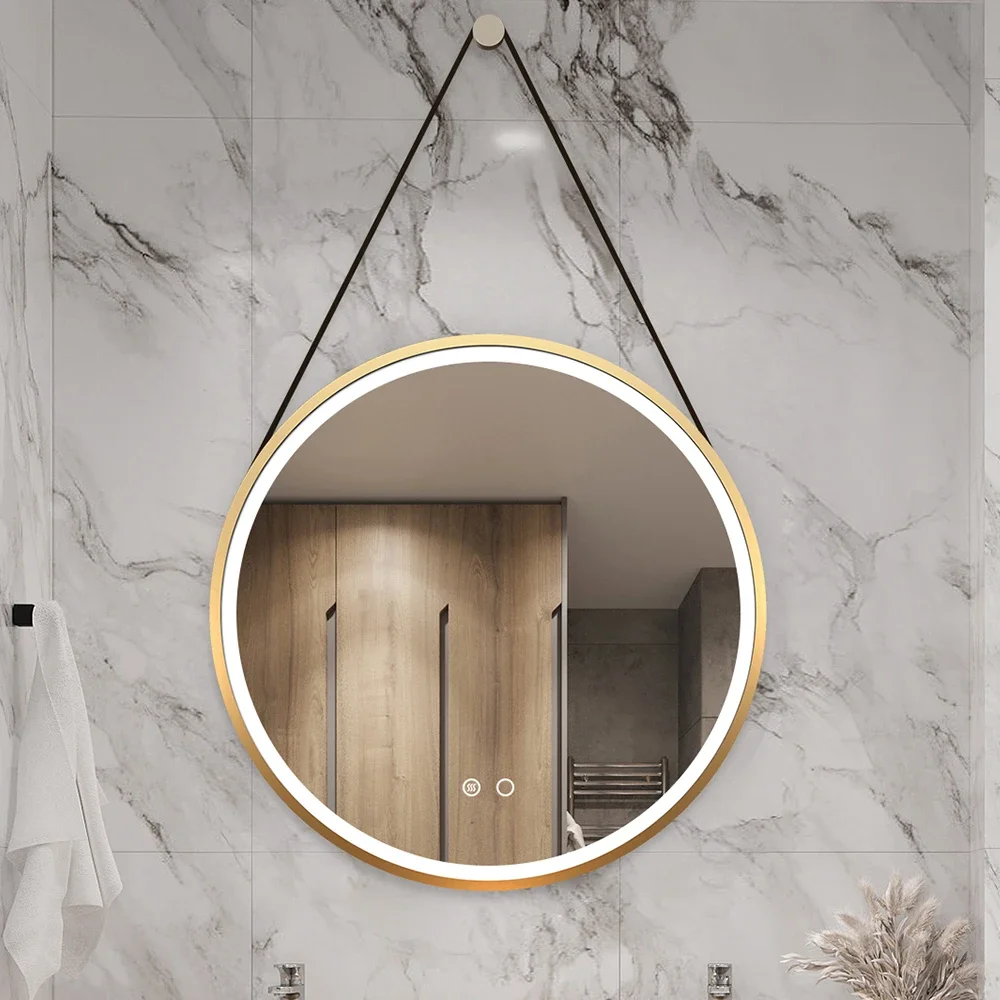 

Leather Belt Wall Mounted Framed Bath Mirror Round Brushed Gold Led Light Bathroom Mirror