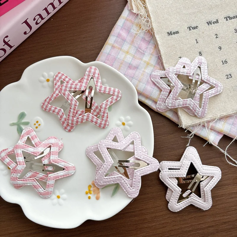 

Sweet Fresh Pink Plaid Solid Color Pentagram Bb Clip Bangs Broken Hairpin Girls Children's Hair Accessories