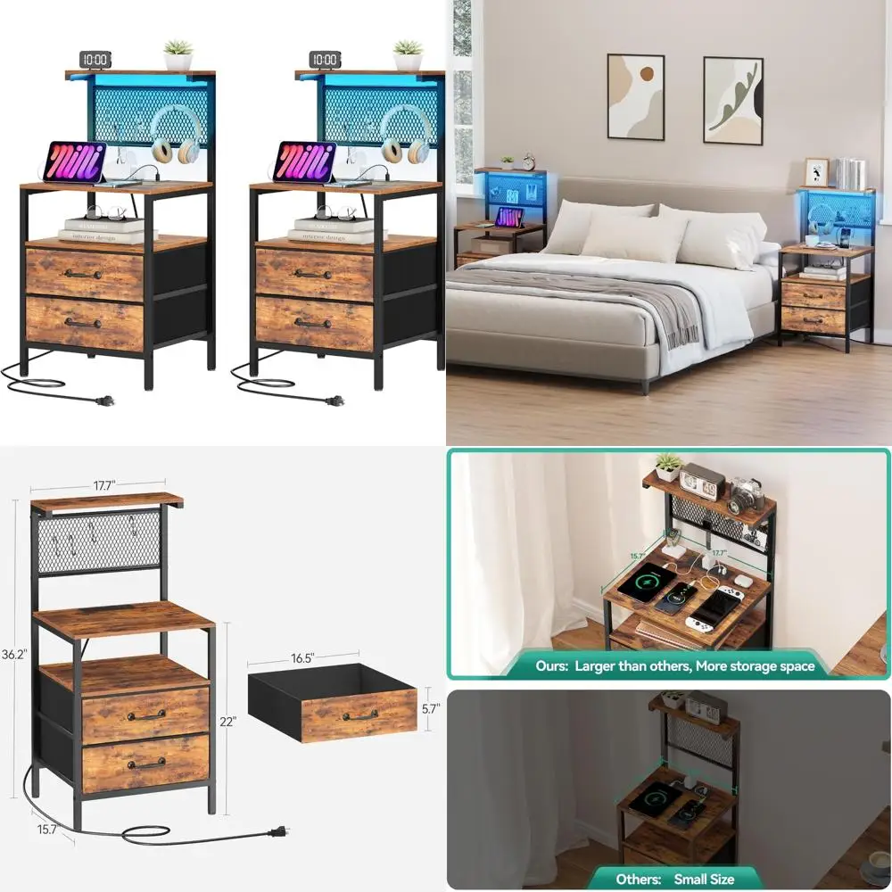 

Тумбочки с двойным ящиком и зарядной док-станцией и светодиодной подсветкой, просторное прикроватное хранилище