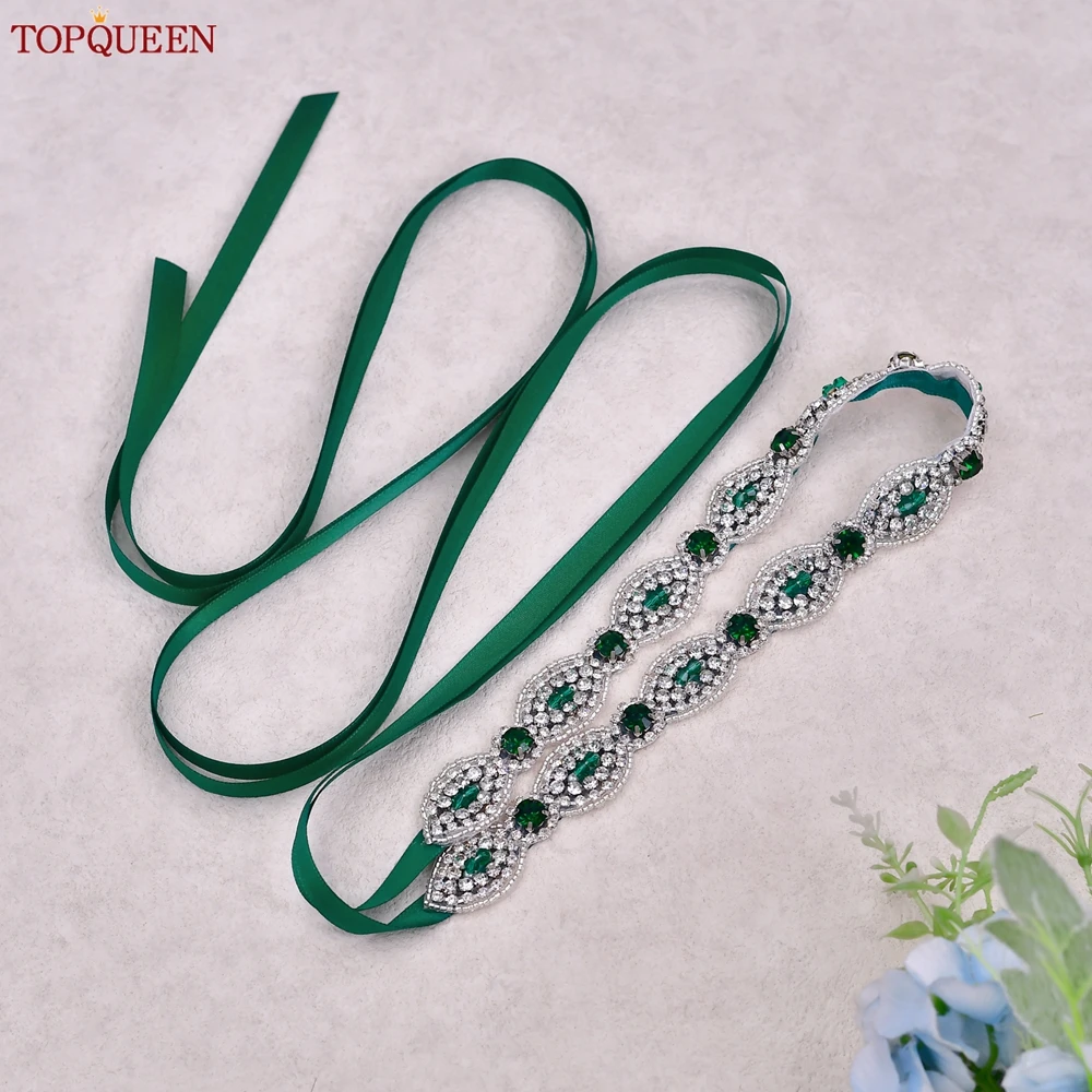 Topqueen Nieuw Ontwerp Stenen Sieraden Applique Riem Handgemaakte Dunne Bruiloft Sjerp Groene Avondjurk Decoratie Bruidsmeisje Riem S435