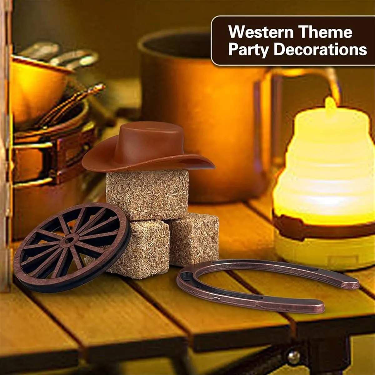 A72P 36-teiliges Western-Party-Dekorationsset Mini-Hufeisen Brauner Cowboyhut Heuballen Geeignet für Basteln und Cowboy-Geschenke