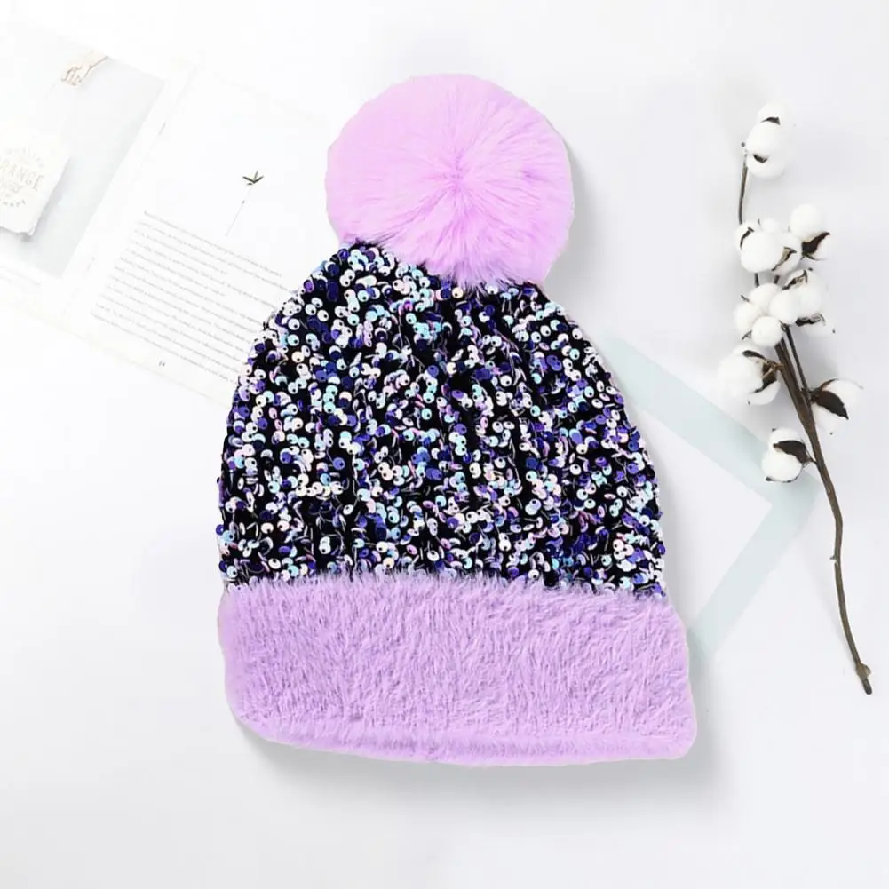 

Soft Texture Winter Hat Fluffy Plush Hat Stylish Women's Winter Bucket Hat with Plush Ball Shiny Sequins Cozy Knit for Cold