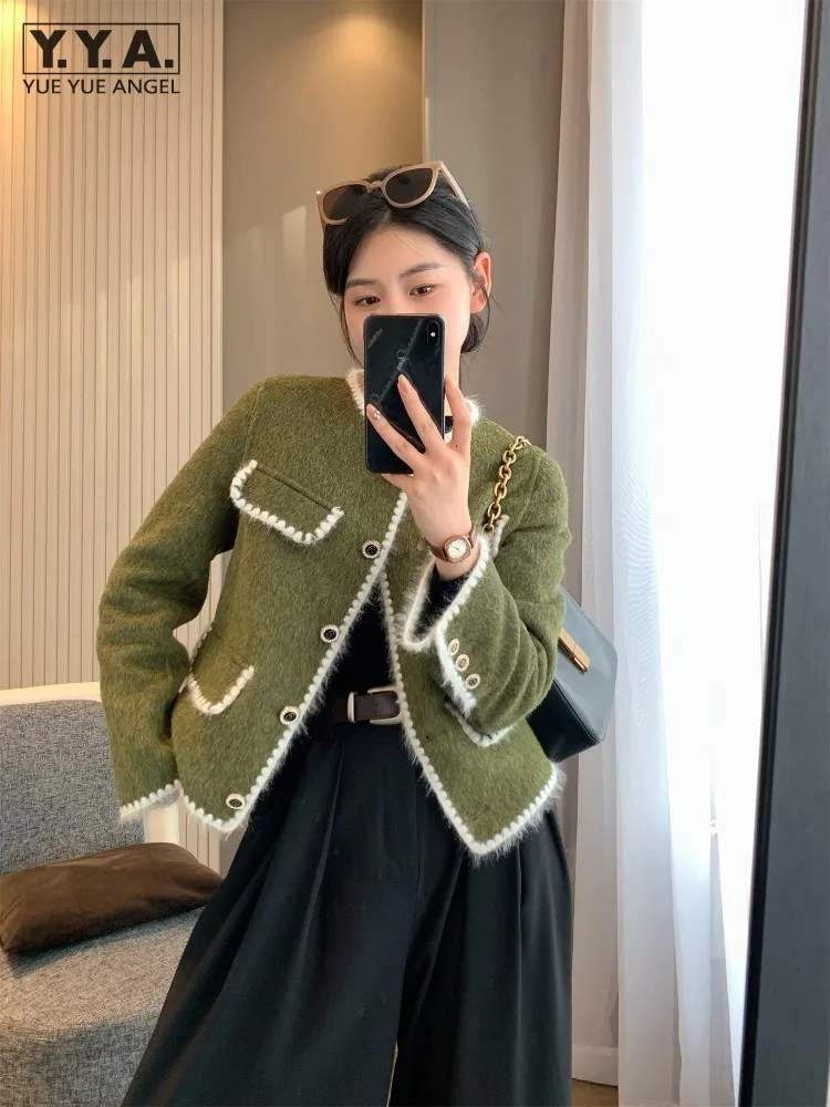 

Women Autumn New Wool Jacket O Neck Colors Mixed Loose Fit Double Faced Woolen Coat Single Breasted Office Ladies Work Jacket