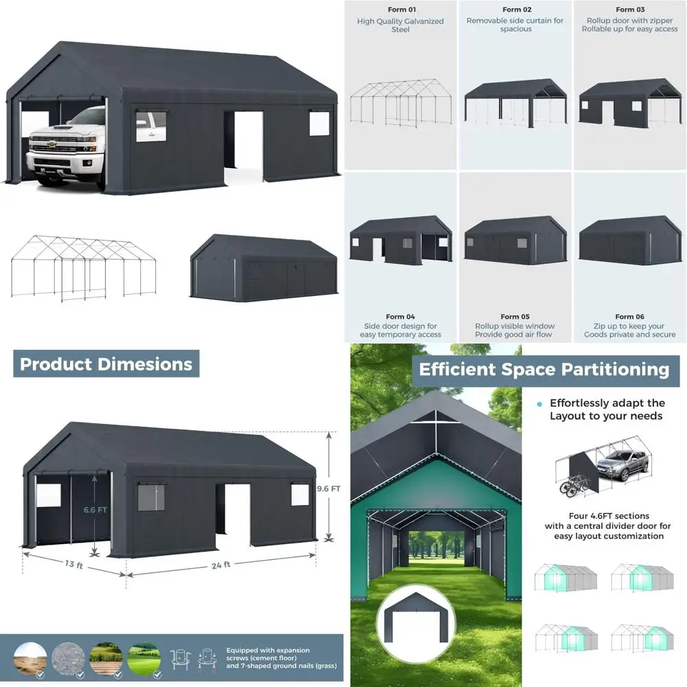 

Очень большой сверхмощный карман 13x24 с закатанными окнами, водонепроницаемый, 12-футовый портативный гаражный навес для защиты автомобиля на открытом воздухе