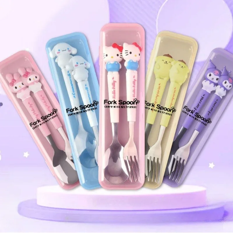 New Sanrio Hello Kitty Cinnamoroll Kuromi Spoon and Fork Set Portable 304 Stainless Steel Cute Cartoon Student Kitchen Tableware