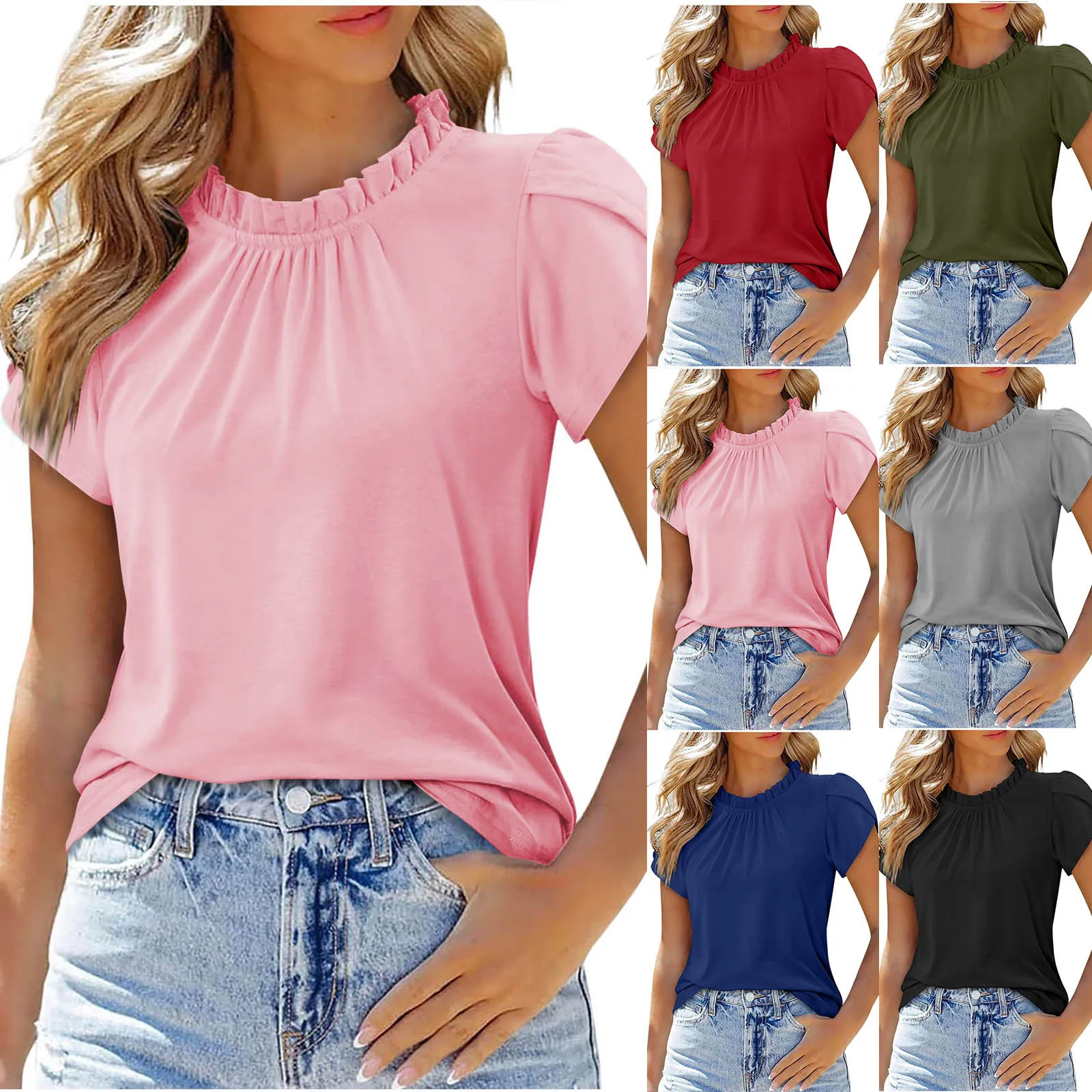 

Y2K fashion blouse solid color short-sleeved button-up crew neck casual shirt elegant pleated loose top