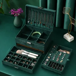 New Three Layers Retro High Quality Velvet Jewelry Box with Necklace Hook Earrings Ring Bracelet Storage Case Green Colors