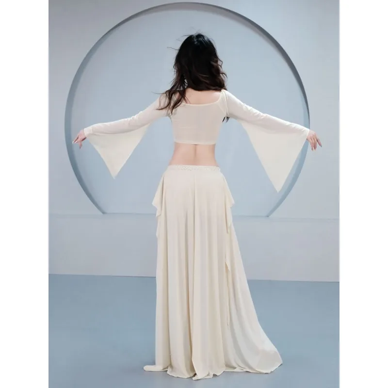 Customized Belly Dance Costume Women Oriental Dance Set Long Sleeved Practice Outfit Lotus Leaf Ribbon Class Outfit 2Pcs