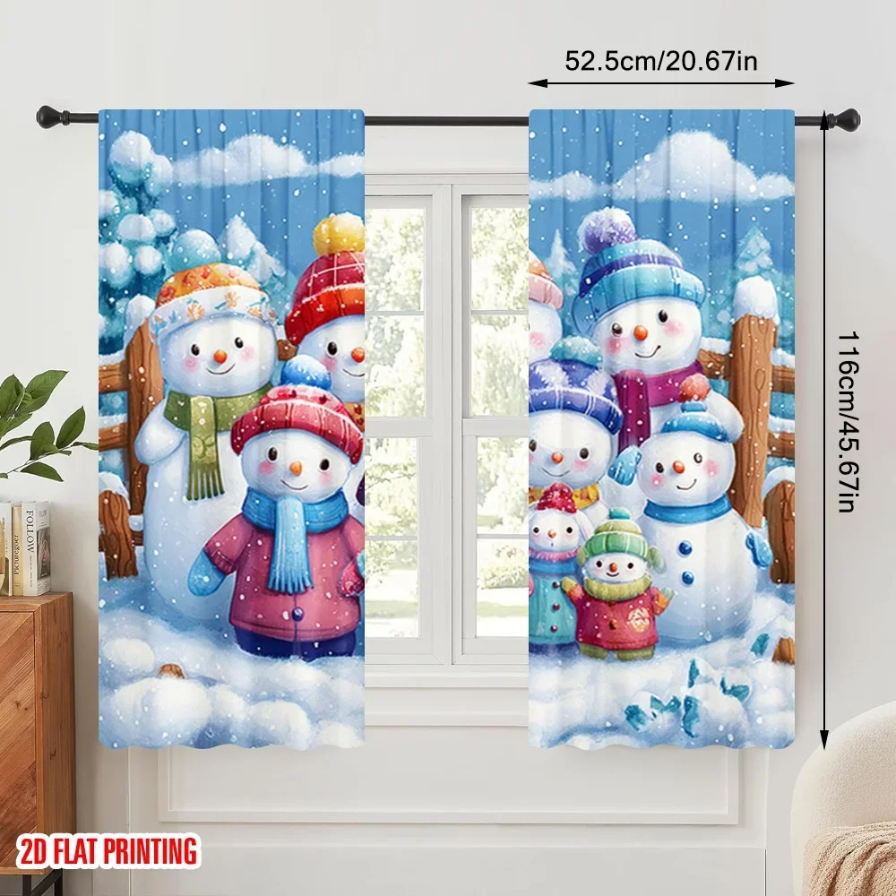 2pcs,2D plane printing Curtains&Window Treatment Snowman Family Winter Versatile Polyester Fabric (without rod) Room Decor