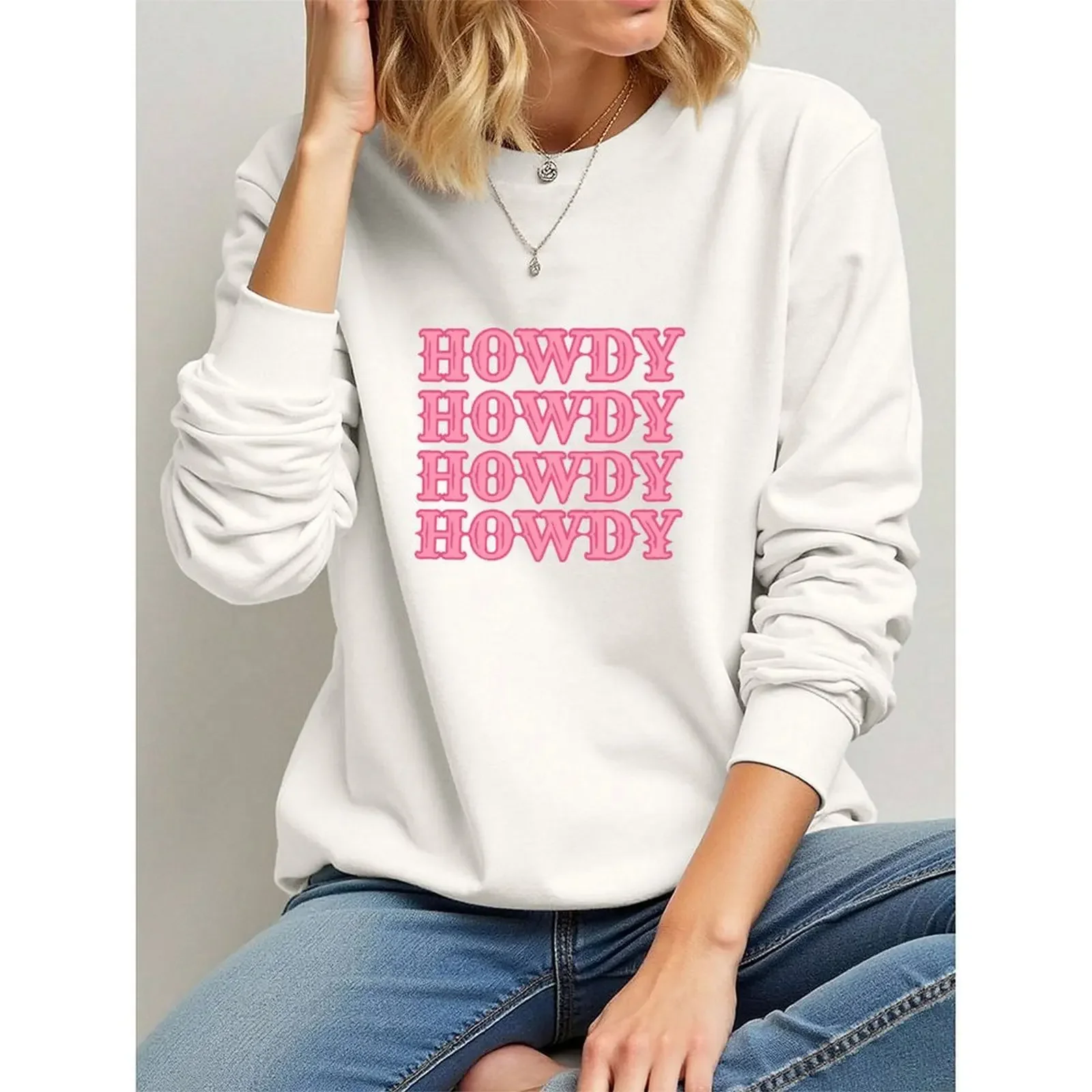 Women's Sweatshirts O-Neck Loose Casual Long-sleeved Velvet Winter Casual Fashionable Cowgirl Style Howdy Print Sweatshirt