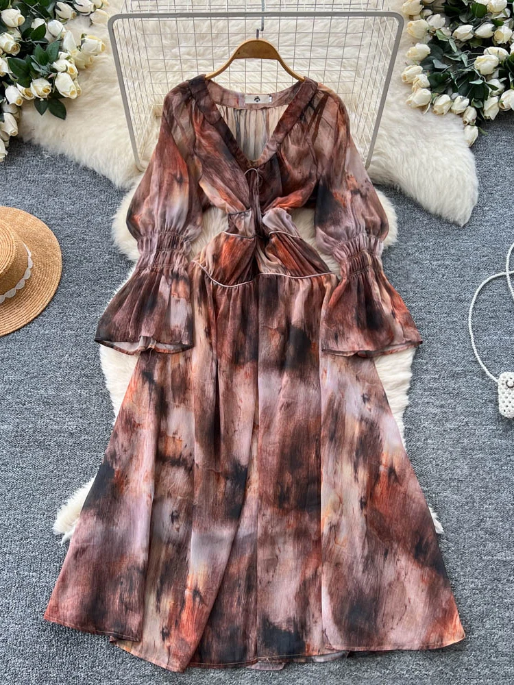 Ele V-ne Bell Sve Tie Dye Print Dr Women's High Waist A-line Skirt Summer Faion Gentle Sle Long Sve Dr