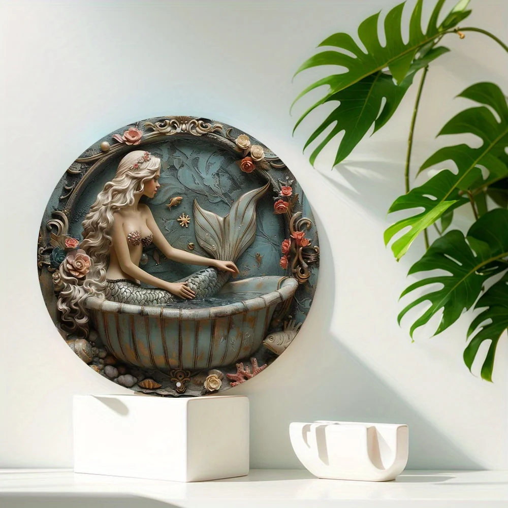 Mermaid Aluminum Wall Art Sign, Classic Style Decorative Round Flat Aluminum Sign - Waterproof Outdoor/Indoor Decoration