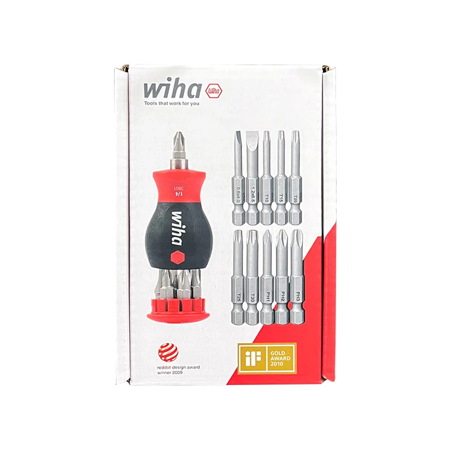 WIHA 90019C Magazine Screwdriver and Replaceable Screwdriver Bit Set with Slotted Phillips Torx Bits Short Shank Screwdriver