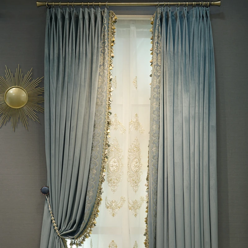 Europen Luxury Villa Curtains for Living Dining Room Bedroom Blue Embroidered Curtains Silk Velvet Tassels Lace Solid Curtains