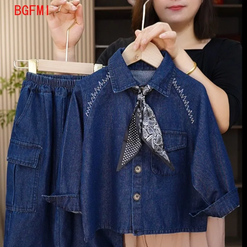 

Boys Girls Spring Autumn Long-sleeved Denim Set 2025 New Children's Suit Korean Coat+ Jeans + Scarf 3 Pcs Set 2-10Y Kids Outfits
