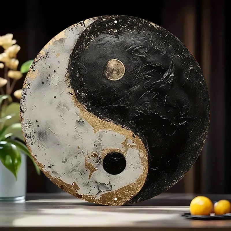 2D Flat  La Tai Chi Symbol Round Metal Wall Art - Ping Pong ,Perfect for Garage And Restaurant Decor, Wall Hanging, Room Decor
