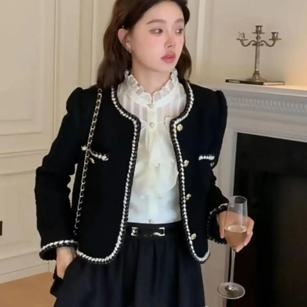 Sweet Y2k Elegant Jacket Women Tweed Korean Vintage Coats Outerwear Chic Socialite Style Jacket Streetwear