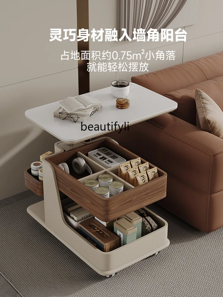 Movable Coffee Table Living Room Modern Simple Home Small Apartment Solid Wood Adjustable Storage Trolley Sofa Side Table