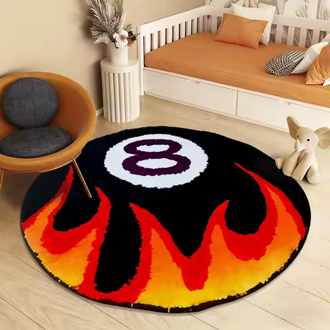Flame Eight Ball Rug Round Flannel Soft Non Slip Floor Mat for Bedroom Living Room Game Room Decor Cool Gaming Gift Idea