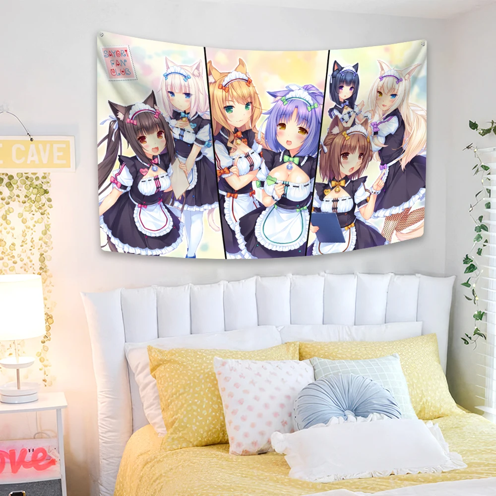 XxDeco Kawaii Anime Tapestry Nekopara Printed Cute Wall Hanging Room Decor Large Fabric Of Dorm Backdrop Cloth Sofa Blanket